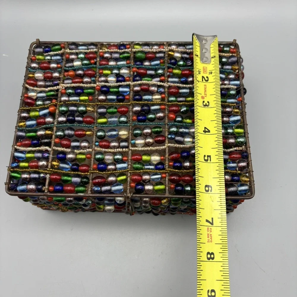 Vintage Glass Beaded Metal Jewelry‎ Box Copper Color Boho Retro